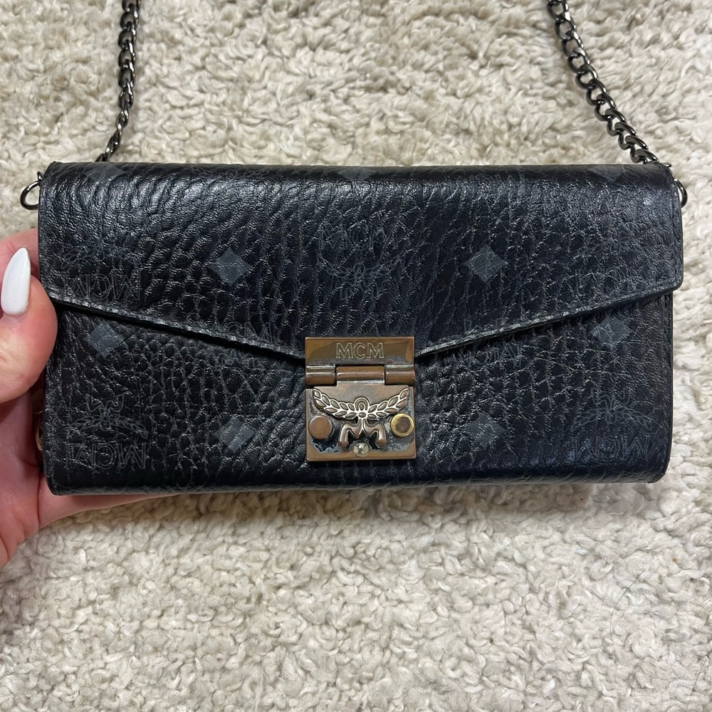 MCM Black Leather Wallet on chain